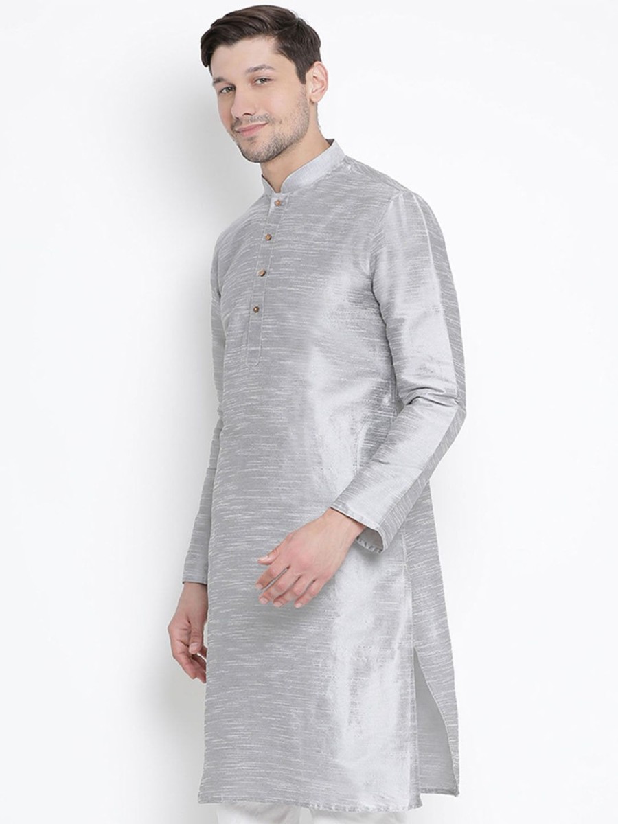 Men Vastramay | Men'S Grey Cotton Silk Blend Kurta - Vastramay