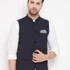 Men Even Apparels | Men'S Navy Color Nehru Jacket-Contrast Lining-Inbuilt Pocket Square - Even Apparels