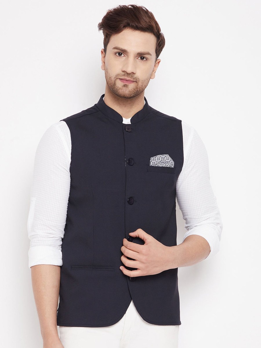 Men Even Apparels | Men'S Navy Color Nehru Jacket-Contrast Lining-Inbuilt Pocket Square - Even Apparels