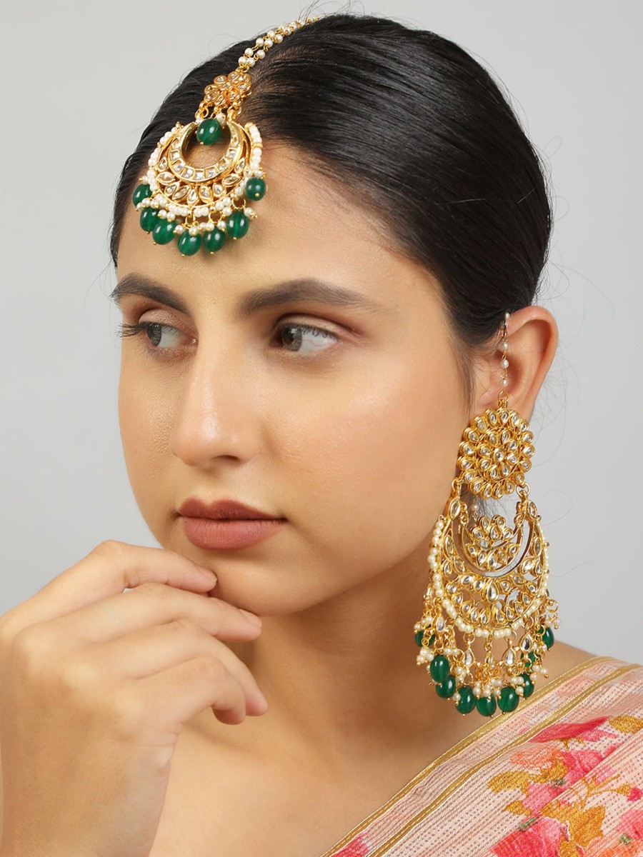 Jewellery Femizen | Women'S Kundan Chandbali U0026 Maang Tikka Set - Femizen Green