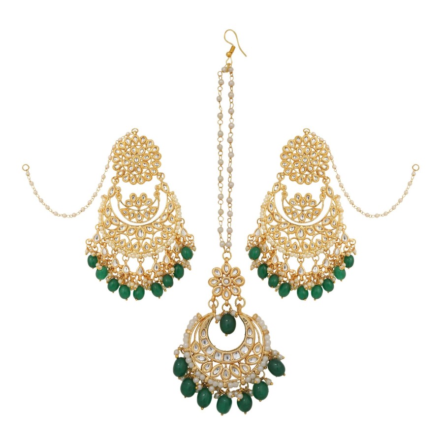 Jewellery Femizen | Women'S Kundan Chandbali U0026 Maang Tikka Set - Femizen Green