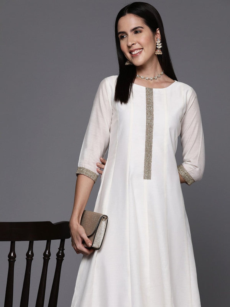 Women Ahalyaa | Women'S Solid Zari A-Line Midi Ethnic Dress - Ahalyaa Off White