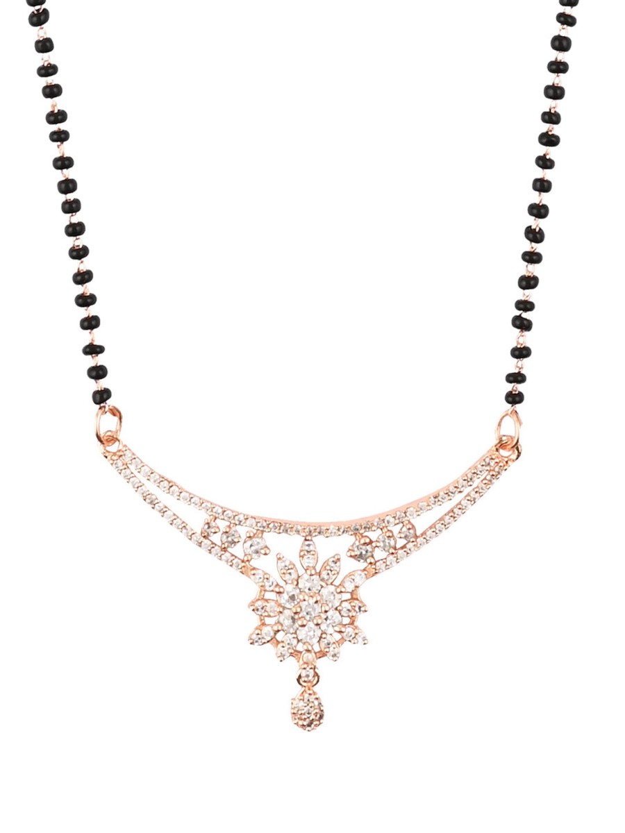 Jewellery I Jewels | Women'S 18K Plated Traditional Single Line American Diamond Pendant With Black Bead Chain Mangalsutra - I Jewels Rose Gold