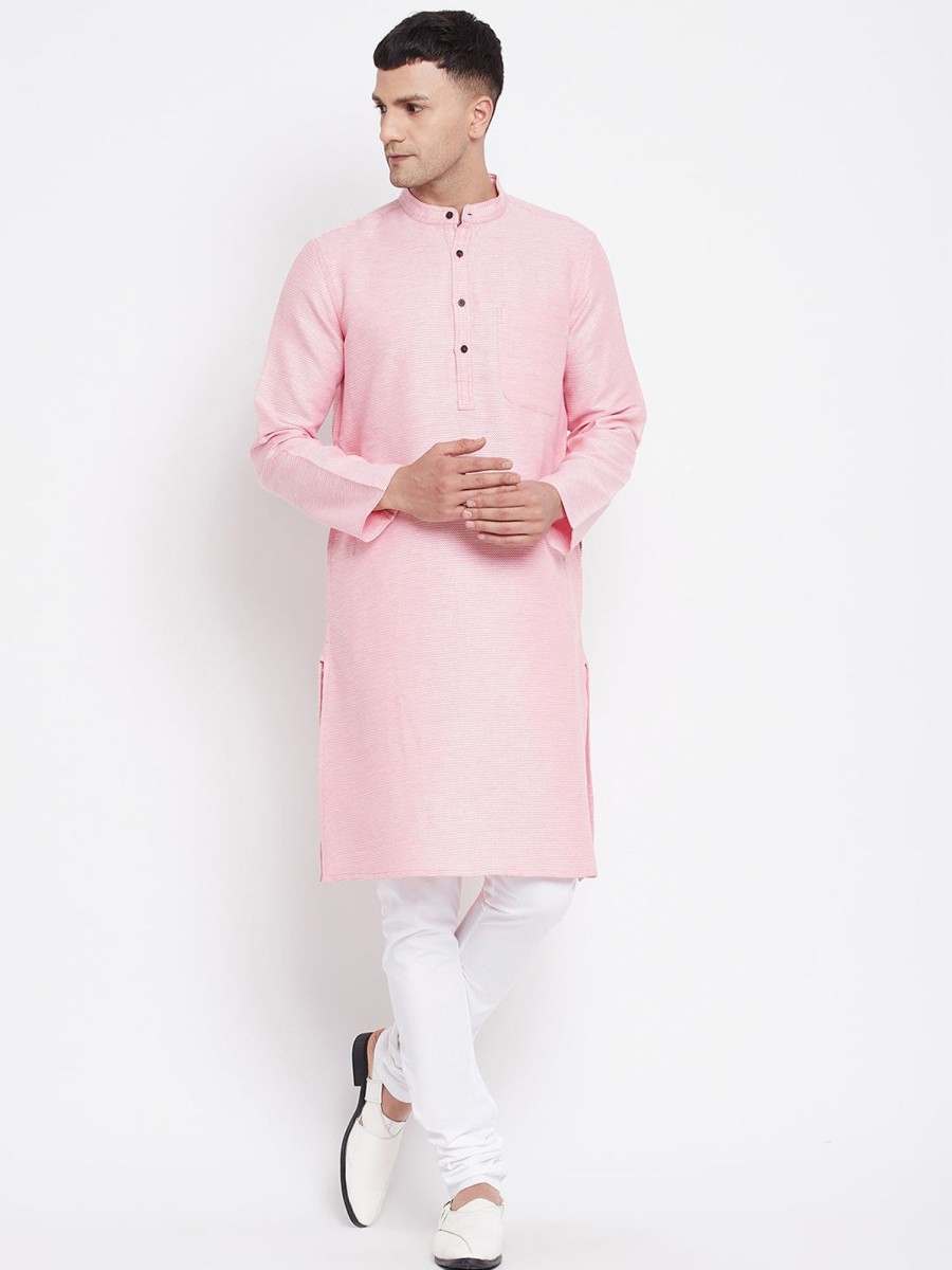 Men Even Apparels | Men'S Pure Cotton Kurta With Band Collar - Even Apparels Pink