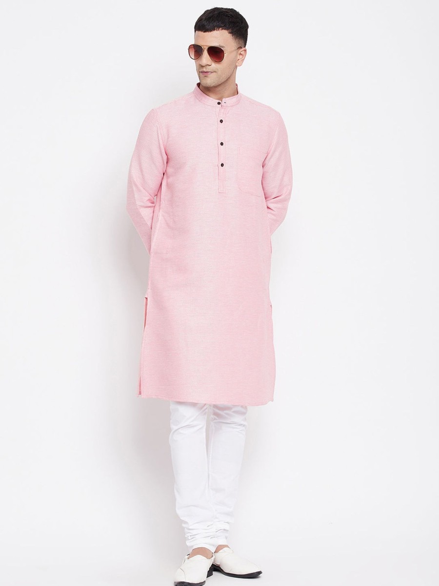 Men Even Apparels | Men'S Pure Cotton Kurta With Band Collar - Even Apparels Pink