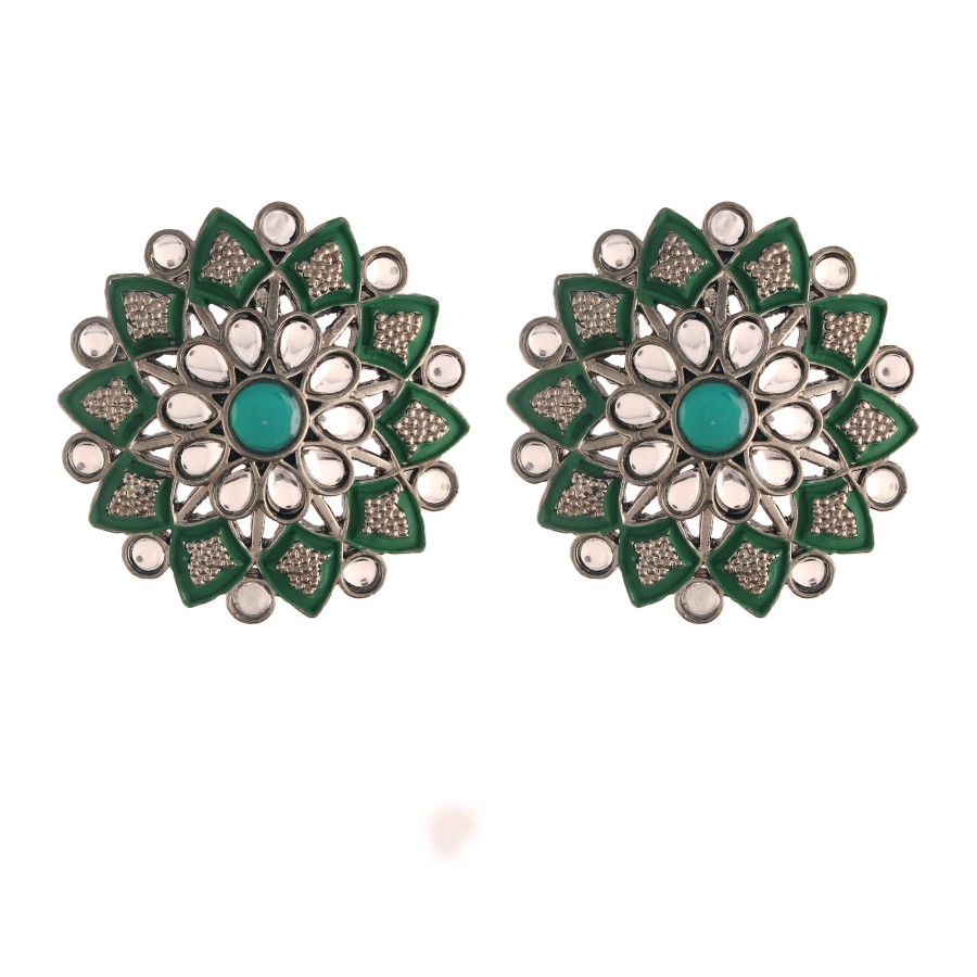 Jewellery I Jewels | Women'S Silver Oxidized Kundan Studded Meena Work Designer Circular Stud Earrings - I Jewels Green