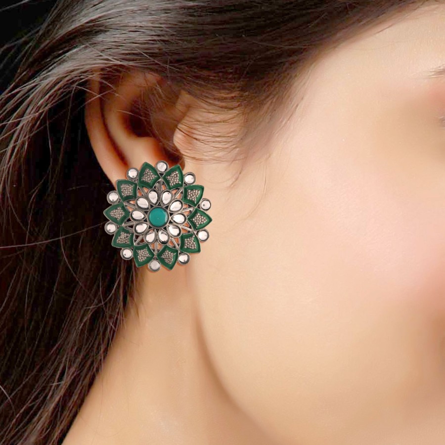 Jewellery I Jewels | Women'S Silver Oxidized Kundan Studded Meena Work Designer Circular Stud Earrings - I Jewels Green