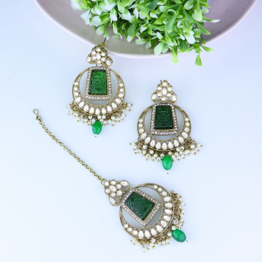 Jewellery I Jewels | Women'S Traditional Pearl Hanging Kundan Stone Studed Chandbali Earring With Maang Tikka - I Jewels Green