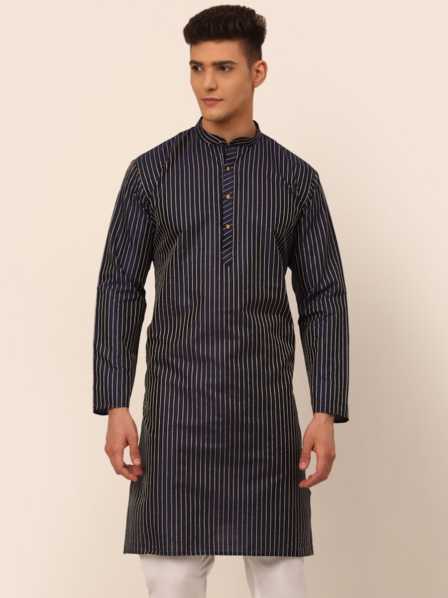 Men Virat Fashions | Men'S Navy Blue Striped Pleated Chikankari Kurta Only ( Ko 666 Navy ) - Virat Fashions