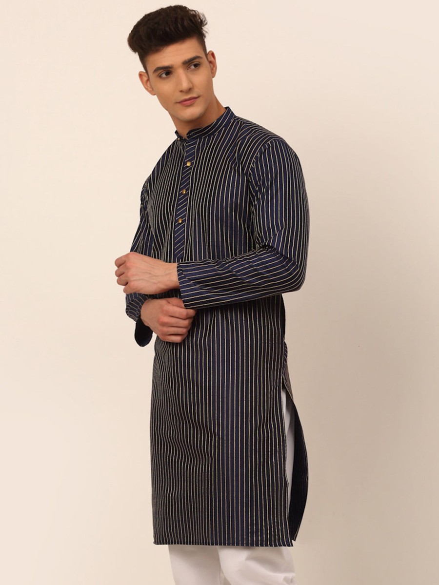 Men Virat Fashions | Men'S Navy Blue Striped Pleated Chikankari Kurta Only ( Ko 666 Navy ) - Virat Fashions