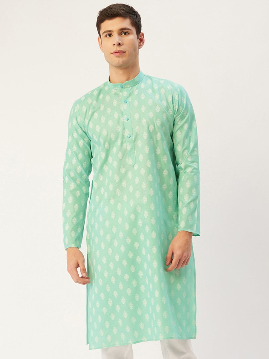 Men Virat Fashions | Men'S Green Cotton Floral Printed Kurta Only( Ko 650 Green ) - Virat Fashions