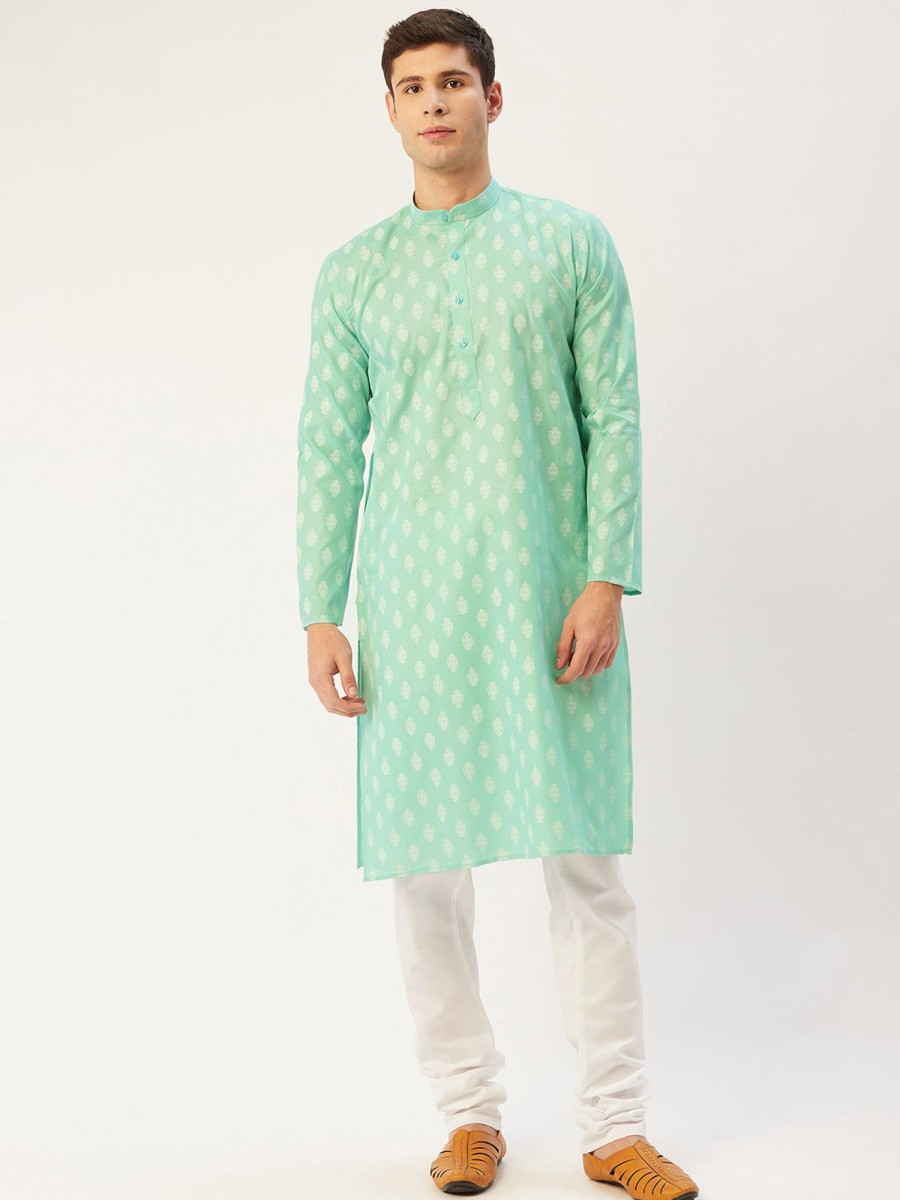 Men Virat Fashions | Men'S Green Cotton Floral Printed Kurta Only( Ko 650 Green ) - Virat Fashions