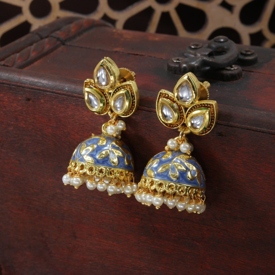 Jewellery I Jewels | Women'S 18K Gold Plated Meena Work Pearl Studded Jhumki Earring - I Jewels Blue