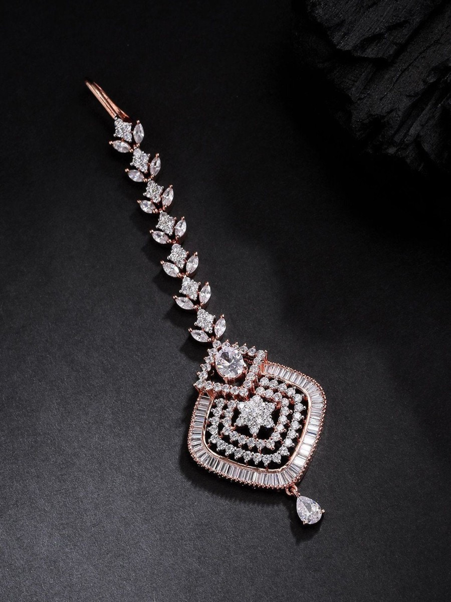 Jewellery Priyaasi | Women'S Rose Gold Plated American Diamond Studded Geometric Shape Maang Tikka - Priyaasi