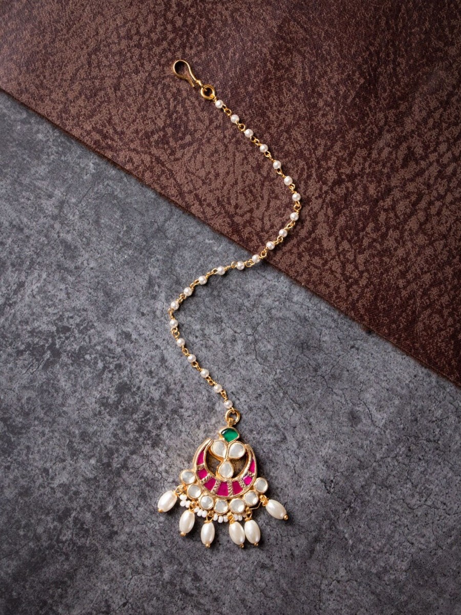 Jewellery Morkanth | Women'S 24K Gold-Plated White U0026 Pink Kundan-Studded Pearl Embellished Handcrafted Maang Tikka - Morkanth