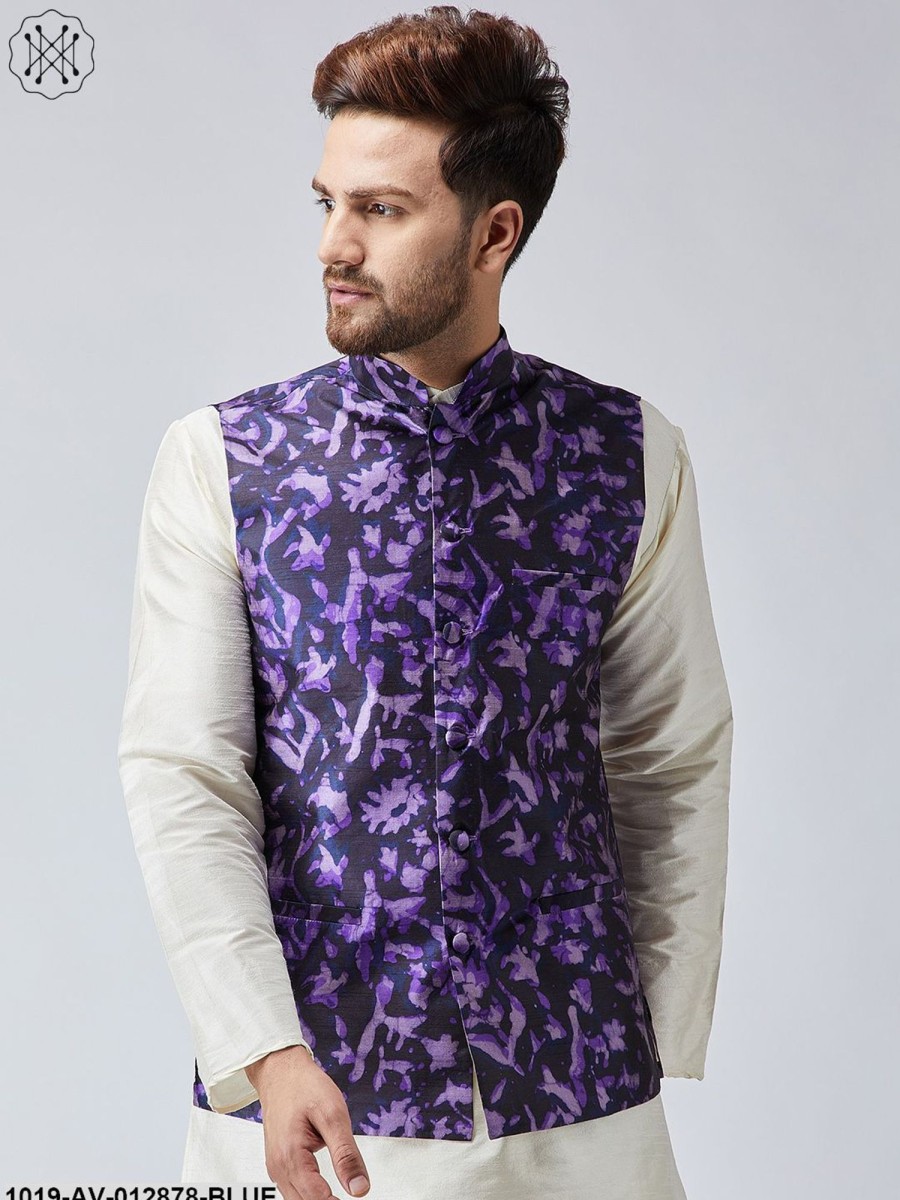 Men Sojanya | Men'S Navy Blue Printed Nehru Jacket - Sojanya