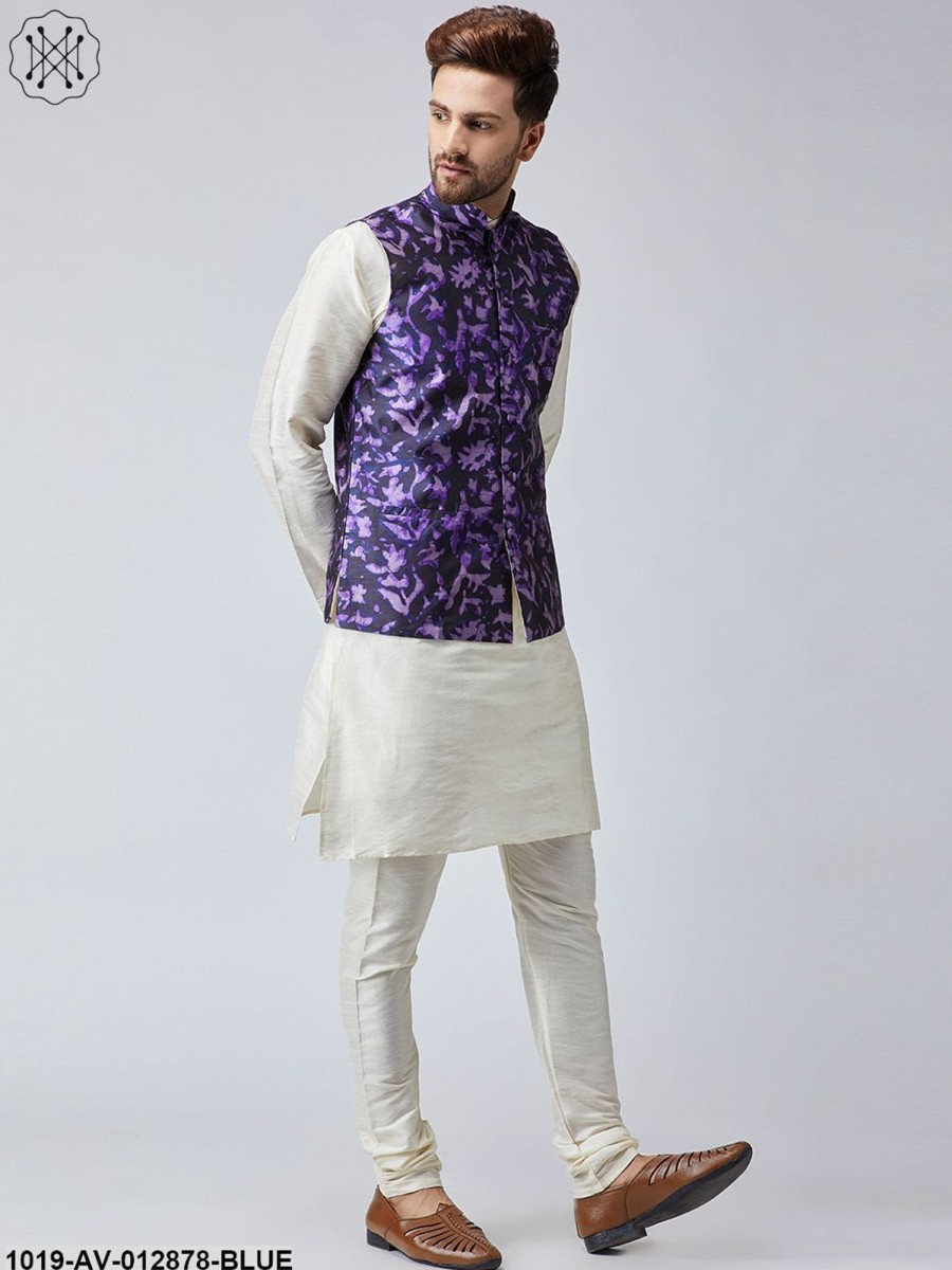 Men Sojanya | Men'S Navy Blue Printed Nehru Jacket - Sojanya