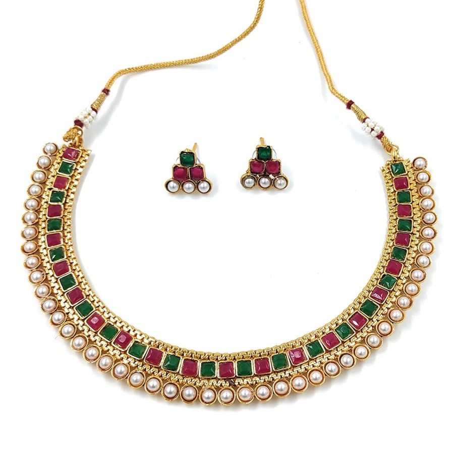 Jewellery I Jewels | Women'S Gold Plated Traditional Multi Choker Necklace Jewellery Set - I Jewels Green