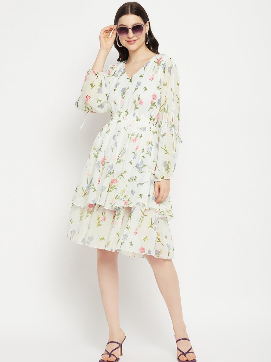 Women BitterLime | Women'S Printed Floral Tiered Dress - Bitterlime White