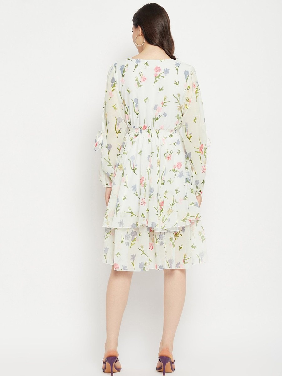 Women BitterLime | Women'S Printed Floral Tiered Dress - Bitterlime White