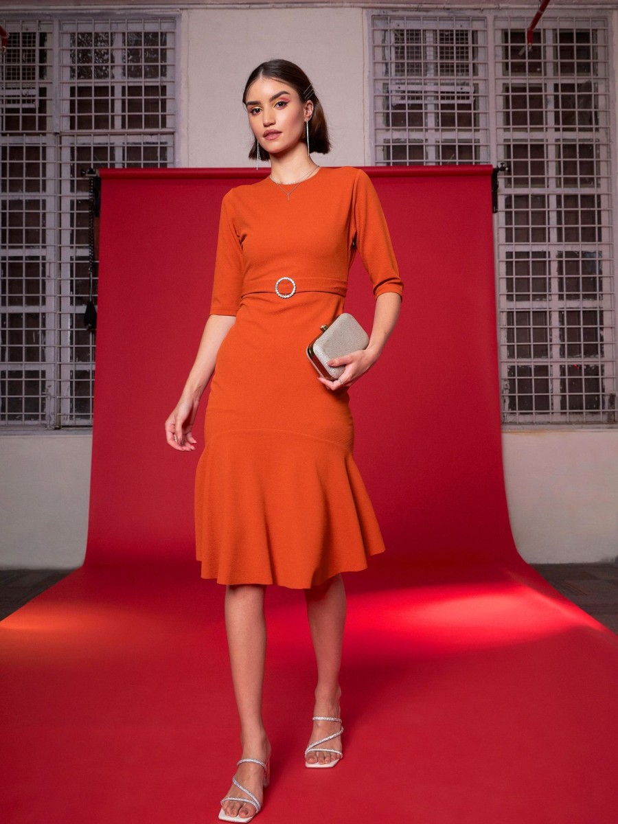 Women Lyush | Women'S Orange Frill Hem Belted Midi Dress - Lyush