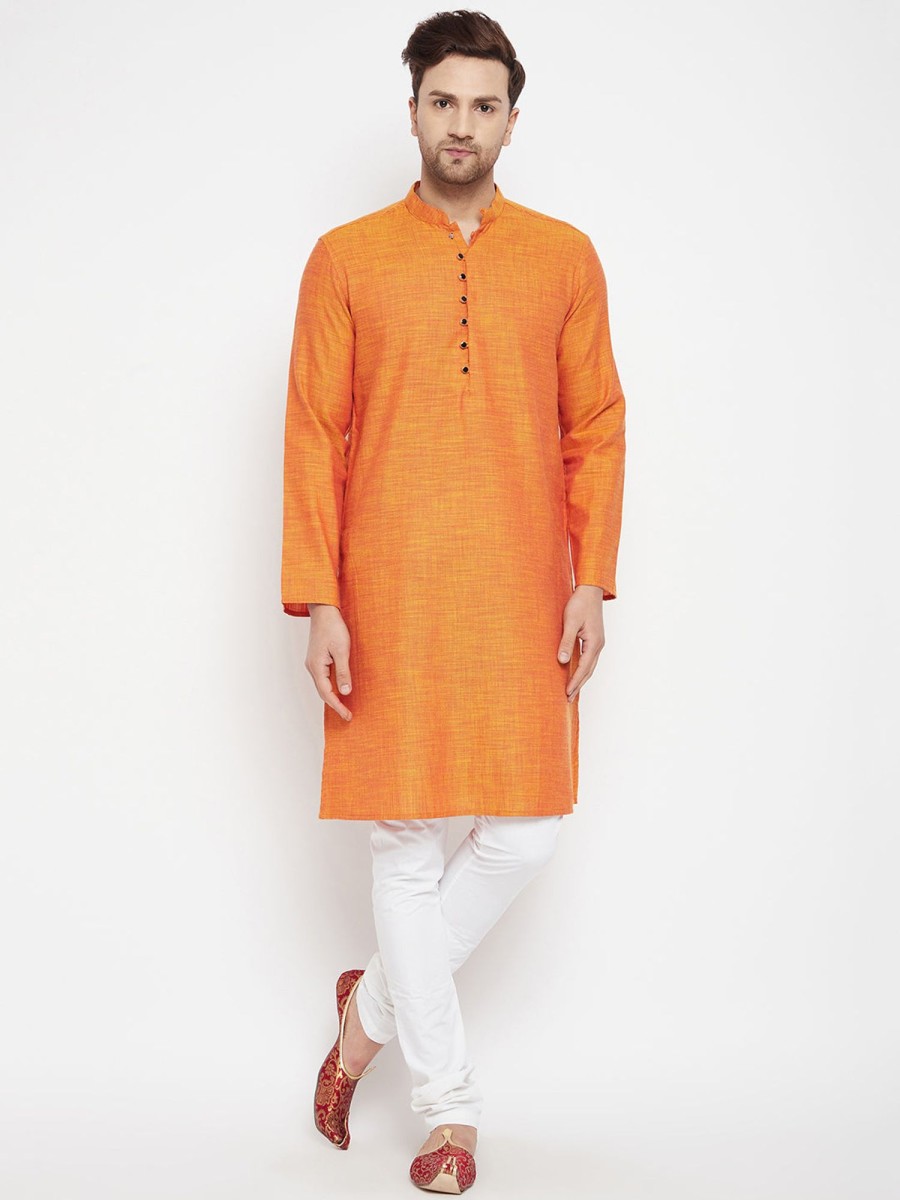 Men Even Apparels | Men'S Orange Color Long Kurta With Band Collar - Even Apparels