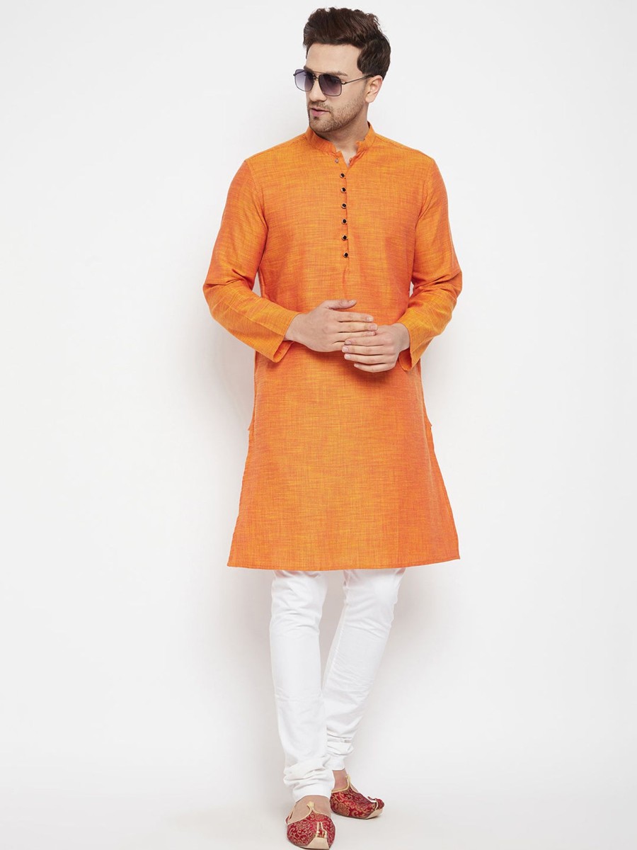 Men Even Apparels | Men'S Orange Color Long Kurta With Band Collar - Even Apparels