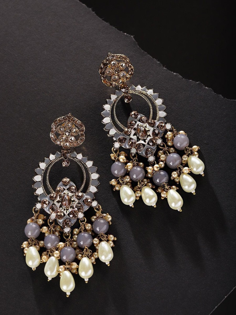 Jewellery Priyaasi | Women Grey-White Meenakari Beaded Drop Earrings By Priyaasi (1 Pair Earrings)