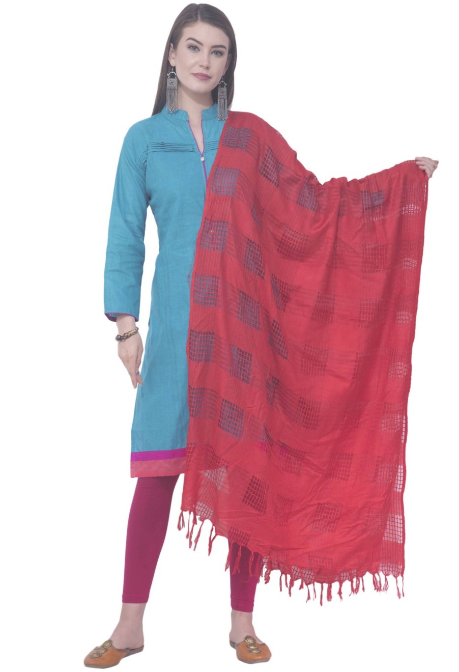 Women AR Silks | A R Silk Color Window Square Cotton Dupattas And Chunnis Red