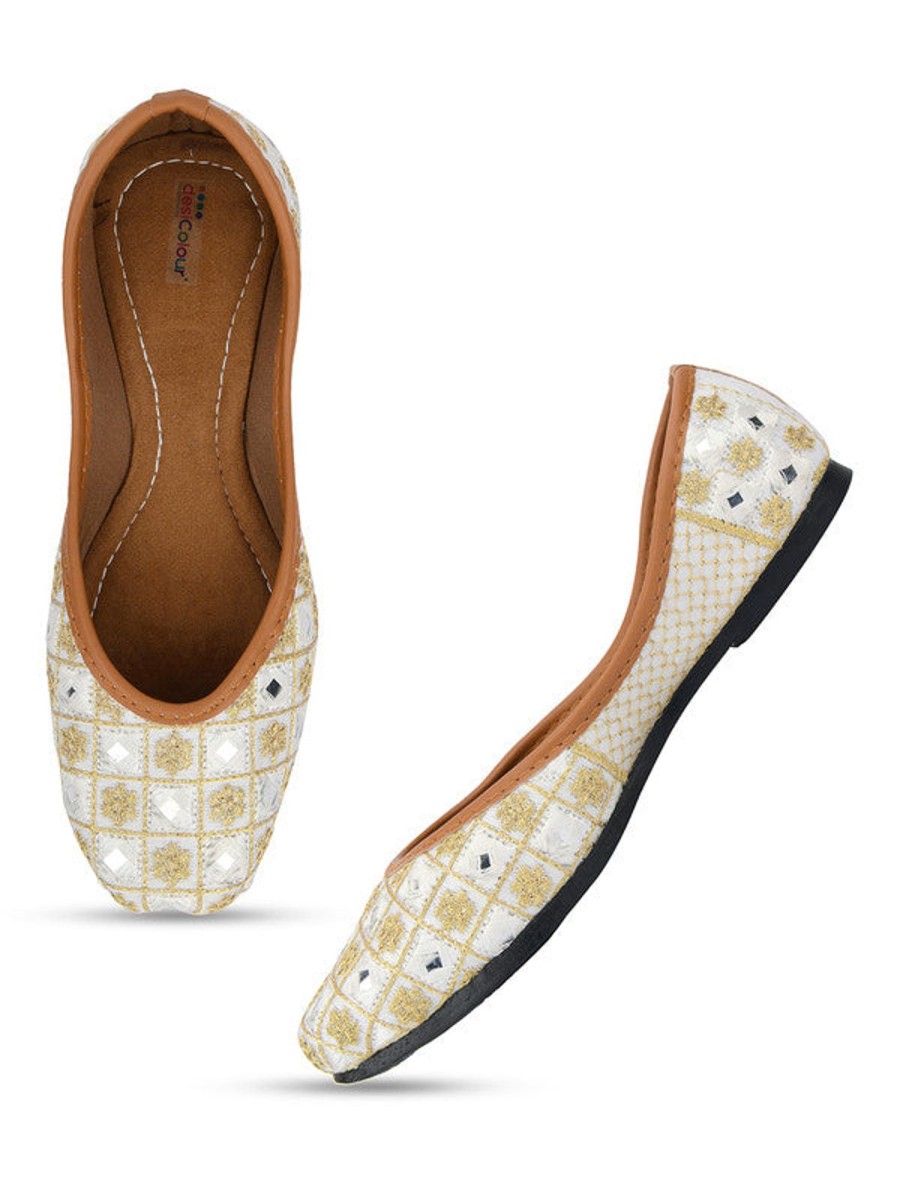 Others Desi Colour | Women'S White Embroidered Indian Handcrafted Ethnic Comfort Footwear - Desi Colour