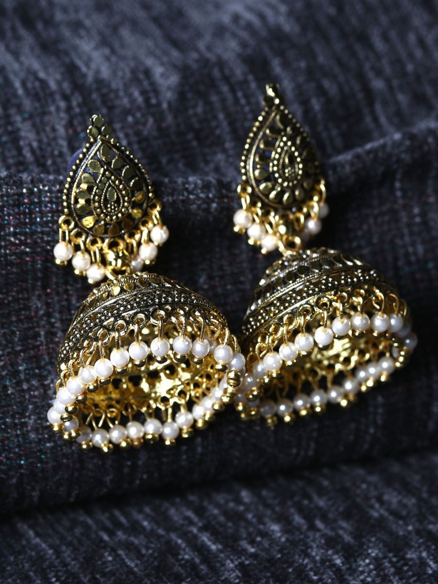 Jewellery Anikas Creation | Women'S Gold Plated U0026 Dome Shaped Enamelled Jhumkas - Anikas Creation White