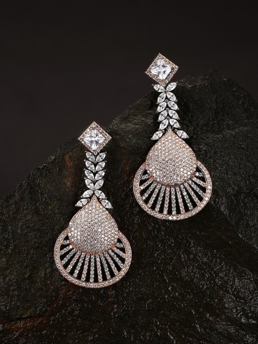 Jewellery Priyaasi | Women'S Rose Gold-Plated American Diamond Studded Drop Earrings - Priyaasi