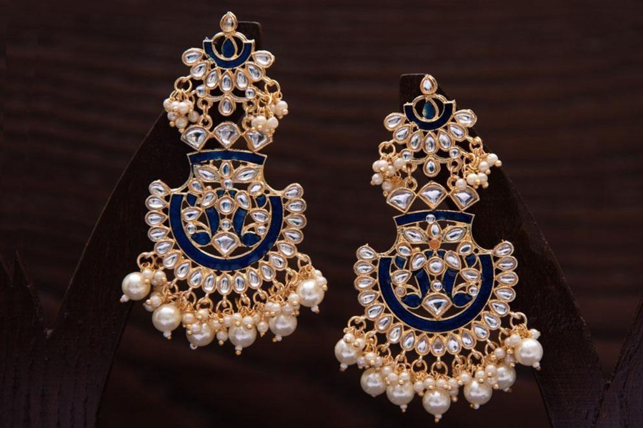 Jewellery I Jewels | Women'S Gold Plated Meenakari Earrings Glided With Kundans U0026 Pearls - I Jewels Blue