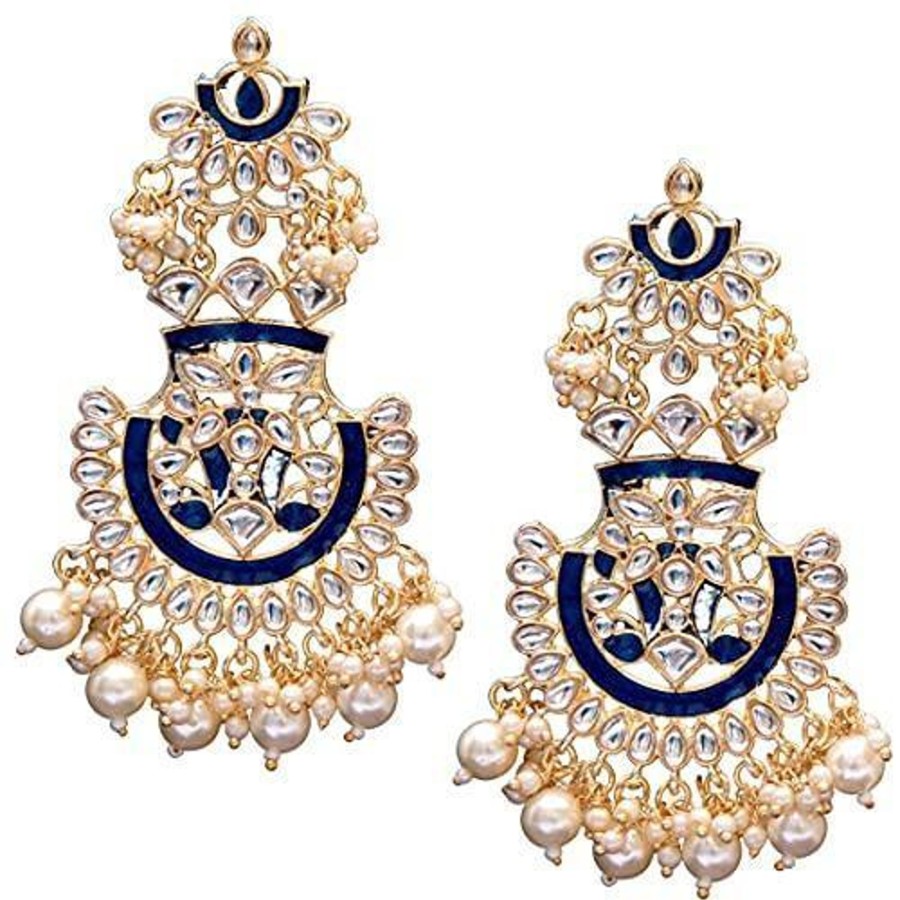 Jewellery I Jewels | Women'S Gold Plated Meenakari Earrings Glided With Kundans U0026 Pearls - I Jewels Blue