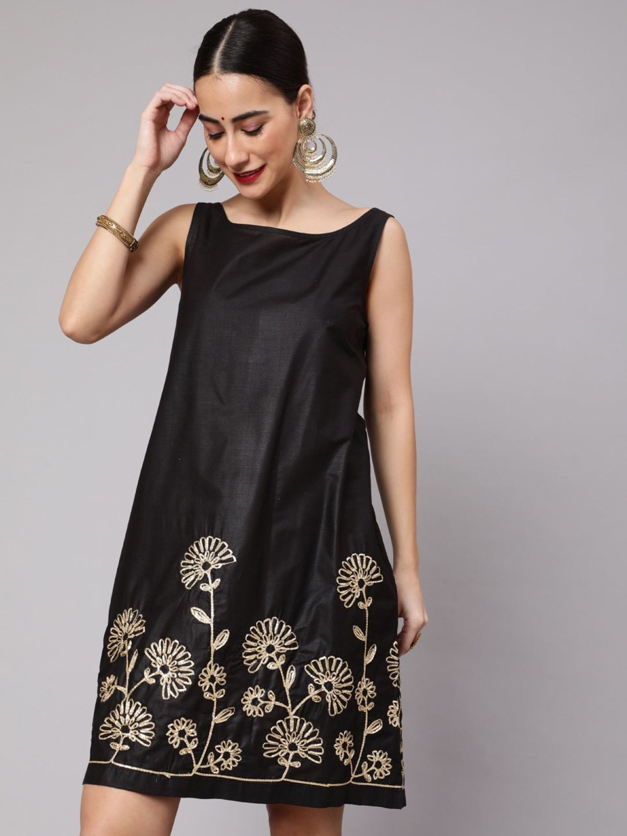 Women Final Clearance Sale | Women'S Gota Embroidered Shift Dress - Final Clearance Sale Black