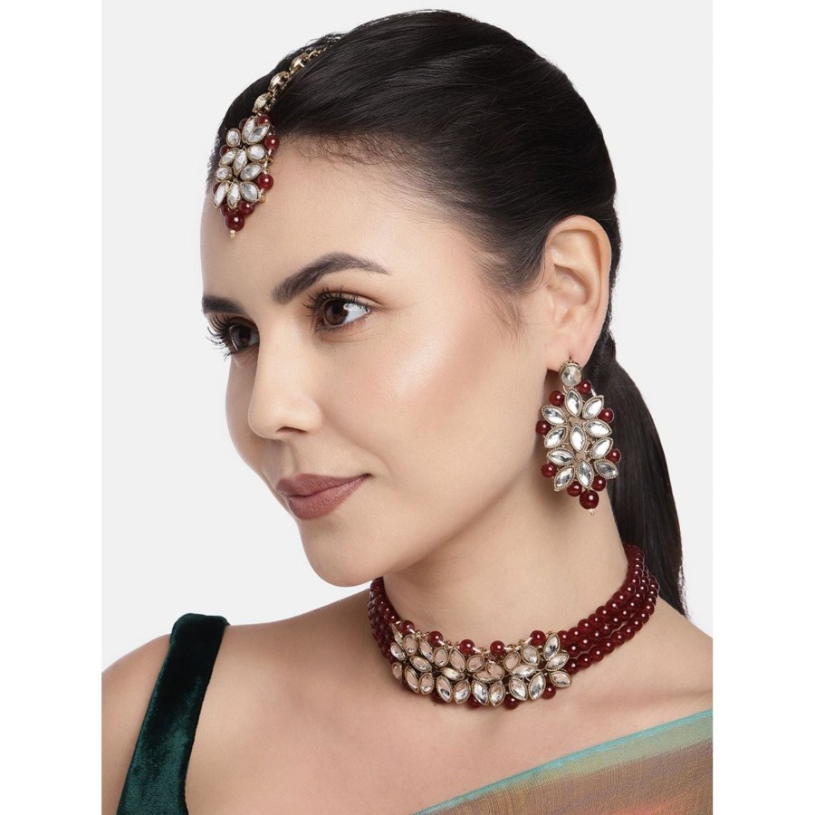 Jewellery I Jewels | Women'S 18K Gold Plated Kundan U0026 Pearl Beaded Choker Set - I Jewels Maroon