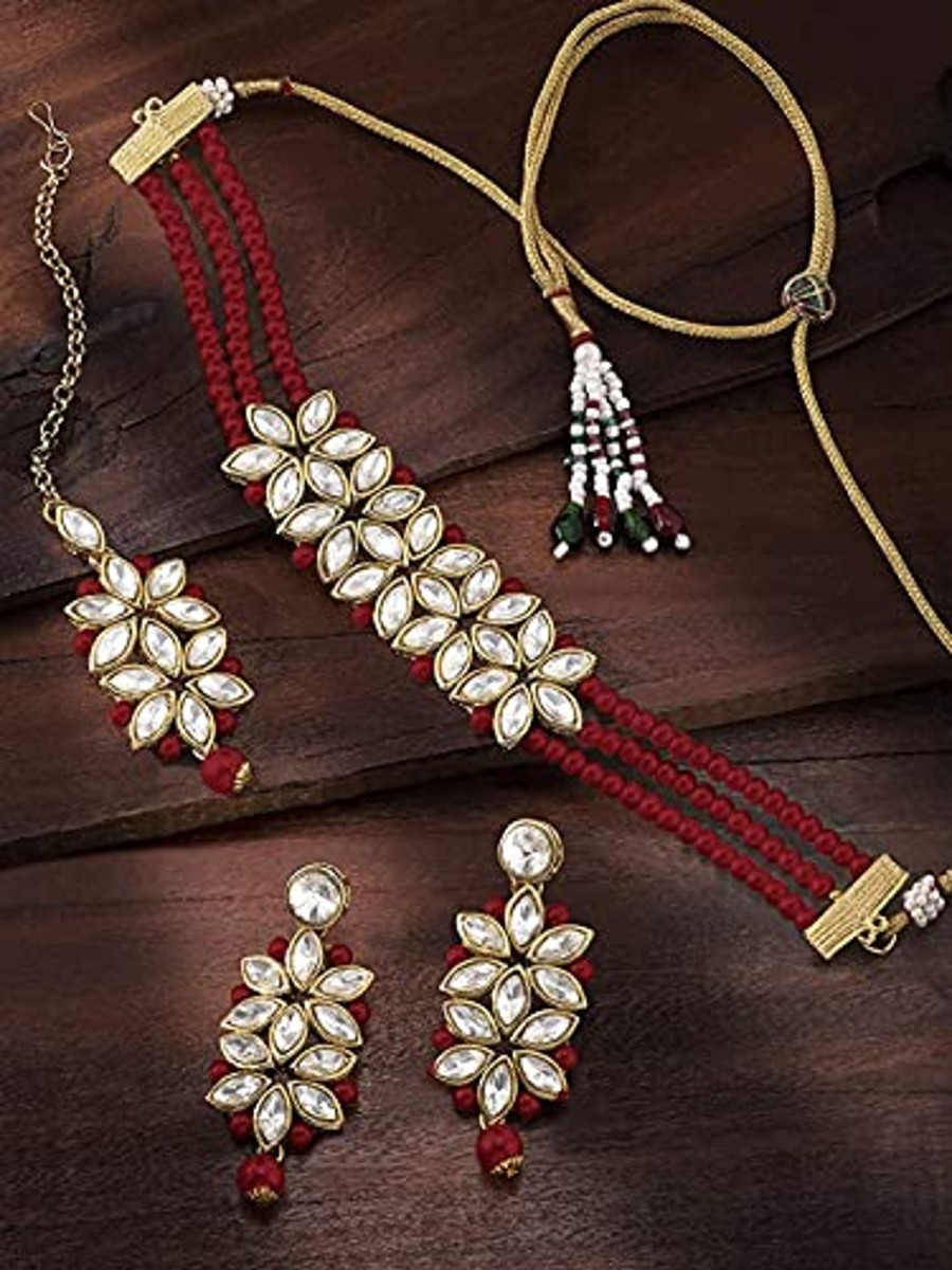 Jewellery I Jewels | Women'S 18K Gold Plated Kundan U0026 Pearl Beaded Choker Set - I Jewels Maroon