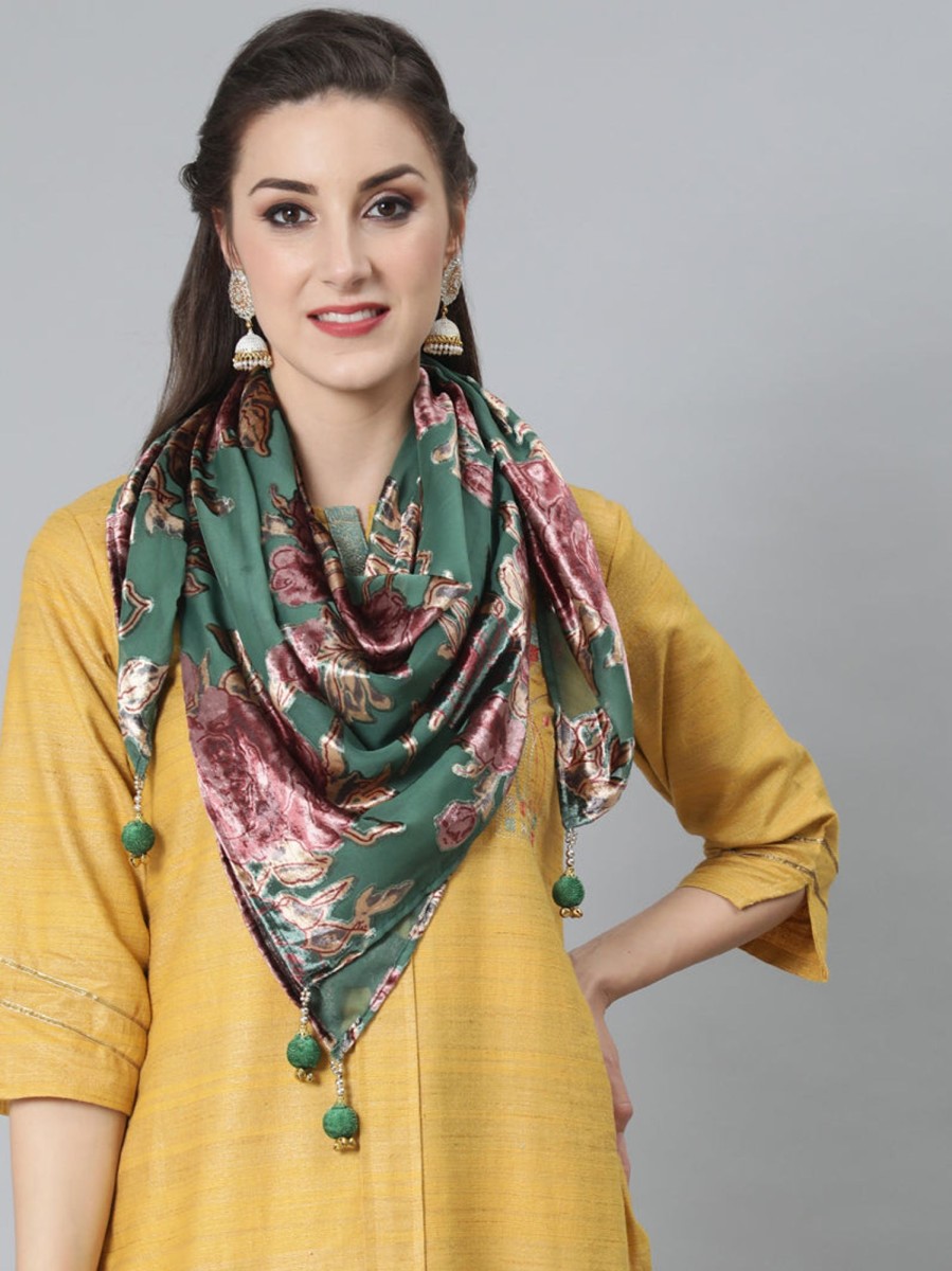 Women AKS | Women'S Floral Designed Scarf - Aks Green