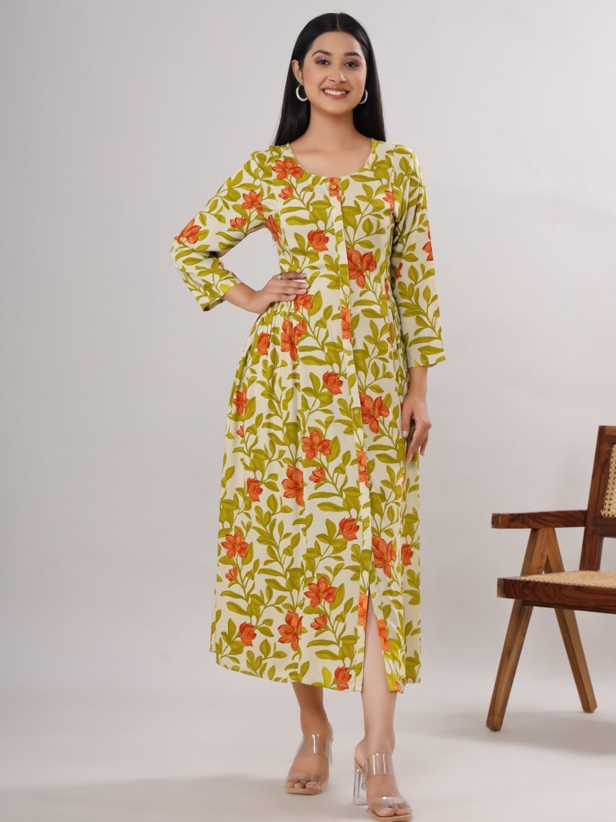 Women VASVI | Women'S Floal Printed Viscose Rayon Flared Ethnic Dress(Lime ) - Vasvi Green