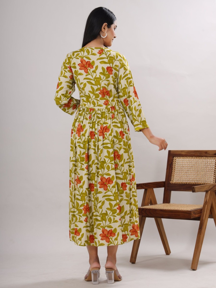 Women VASVI | Women'S Floal Printed Viscose Rayon Flared Ethnic Dress(Lime ) - Vasvi Green