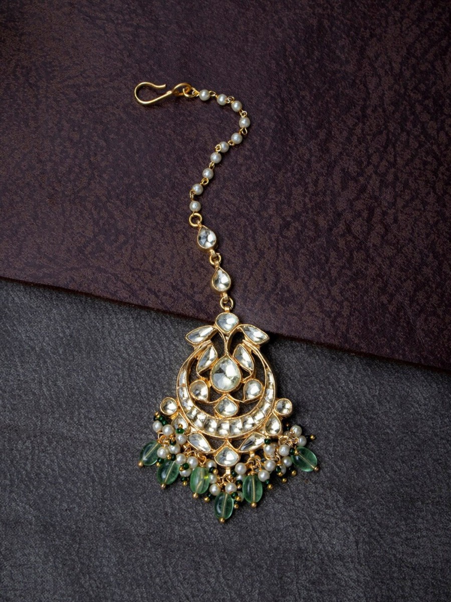 Jewellery Morkanth | Women'S Gold-Plated Off-White U0026 Green Kundan-Studded Beaded Handcrafted Maang Tikka - Morkanth