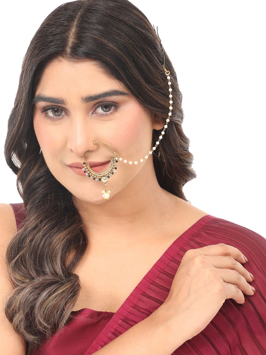 Jewellery Anikas Creation | 24K Plated Studded Nose Ring By Anikas Creation Gold