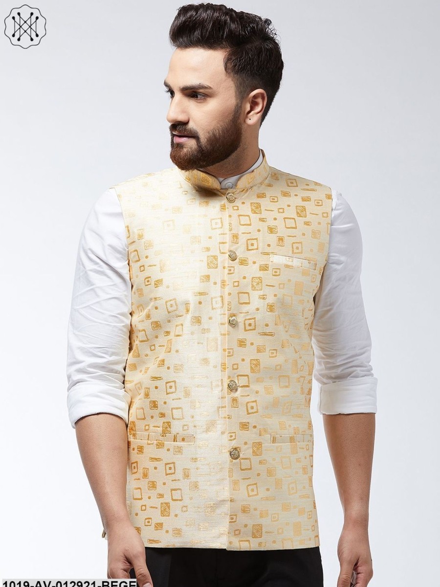 Men Sojanya | Men'S Jacquard Silk Beige Designer Nehru Jacket - Sojanya