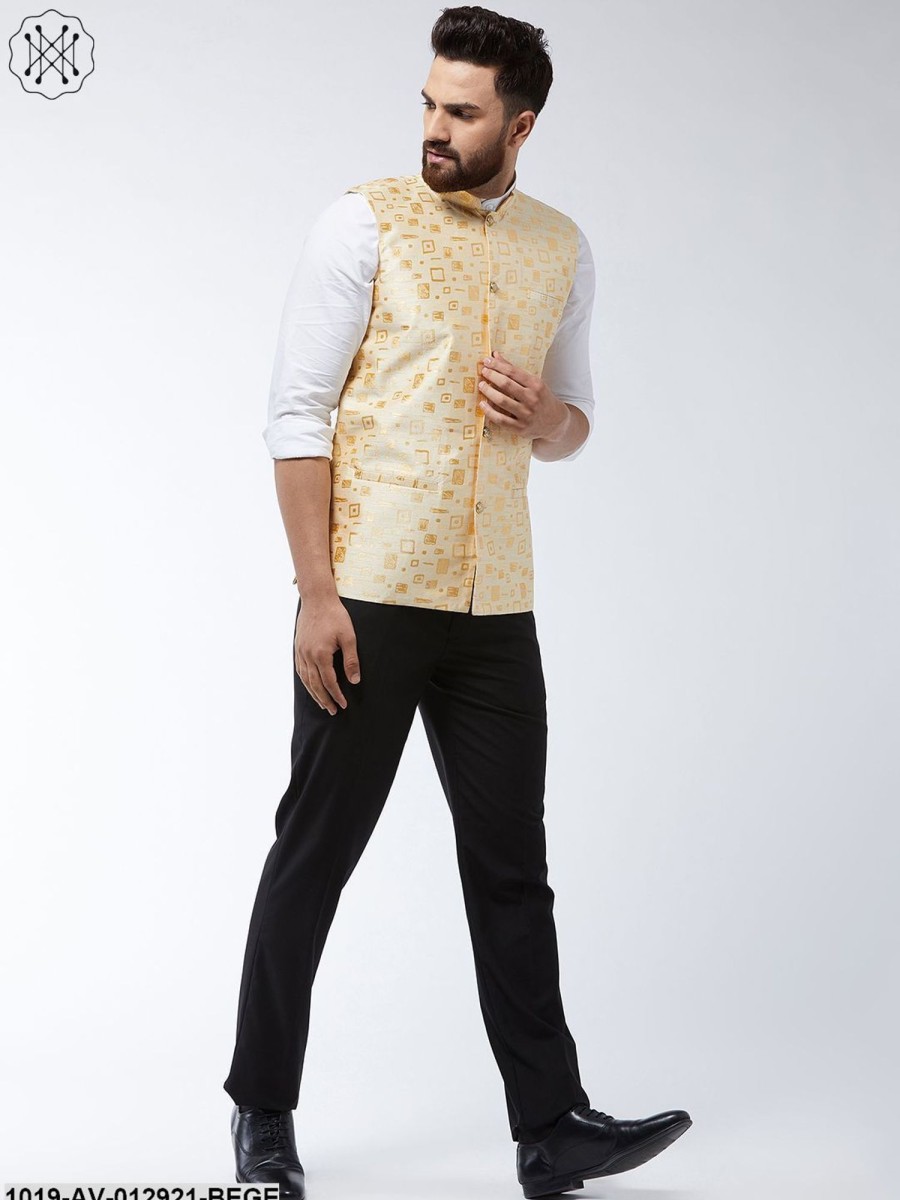 Men Sojanya | Men'S Jacquard Silk Beige Designer Nehru Jacket - Sojanya