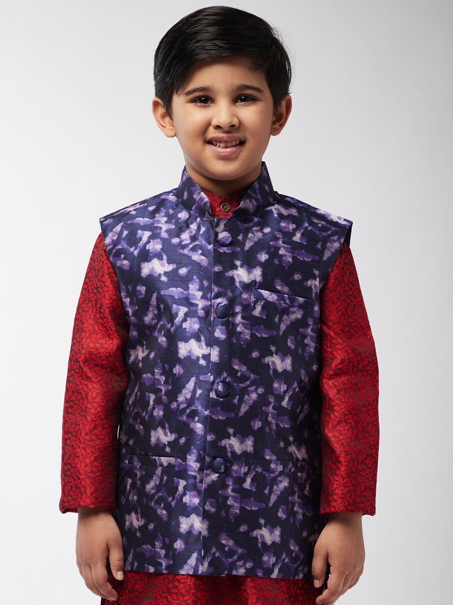 Men Sojanya KID | Kid'S Silk Blend Navy Blue Printed Only Nehrujacket - Sojanya Kid Navy Blue & Purple