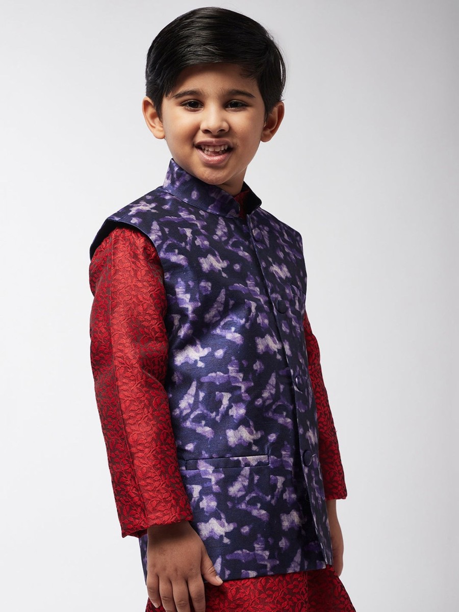 Men Sojanya KID | Kid'S Silk Blend Navy Blue Printed Only Nehrujacket - Sojanya Kid Navy Blue & Purple