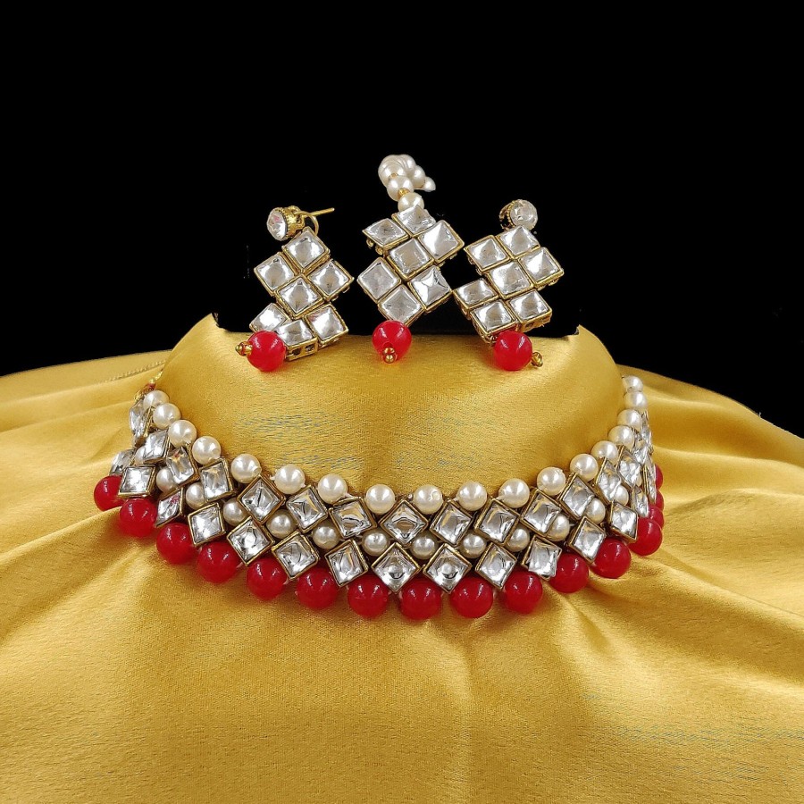 Jewellery Zaffre Collections | Women'S Stylish Kundan And Choker Set - Zaffre Collections Red