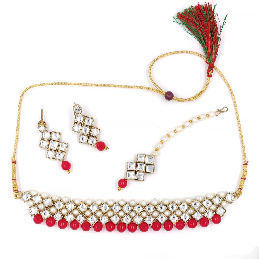 Jewellery Zaffre Collections | Women'S Stylish Kundan And Choker Set - Zaffre Collections Red