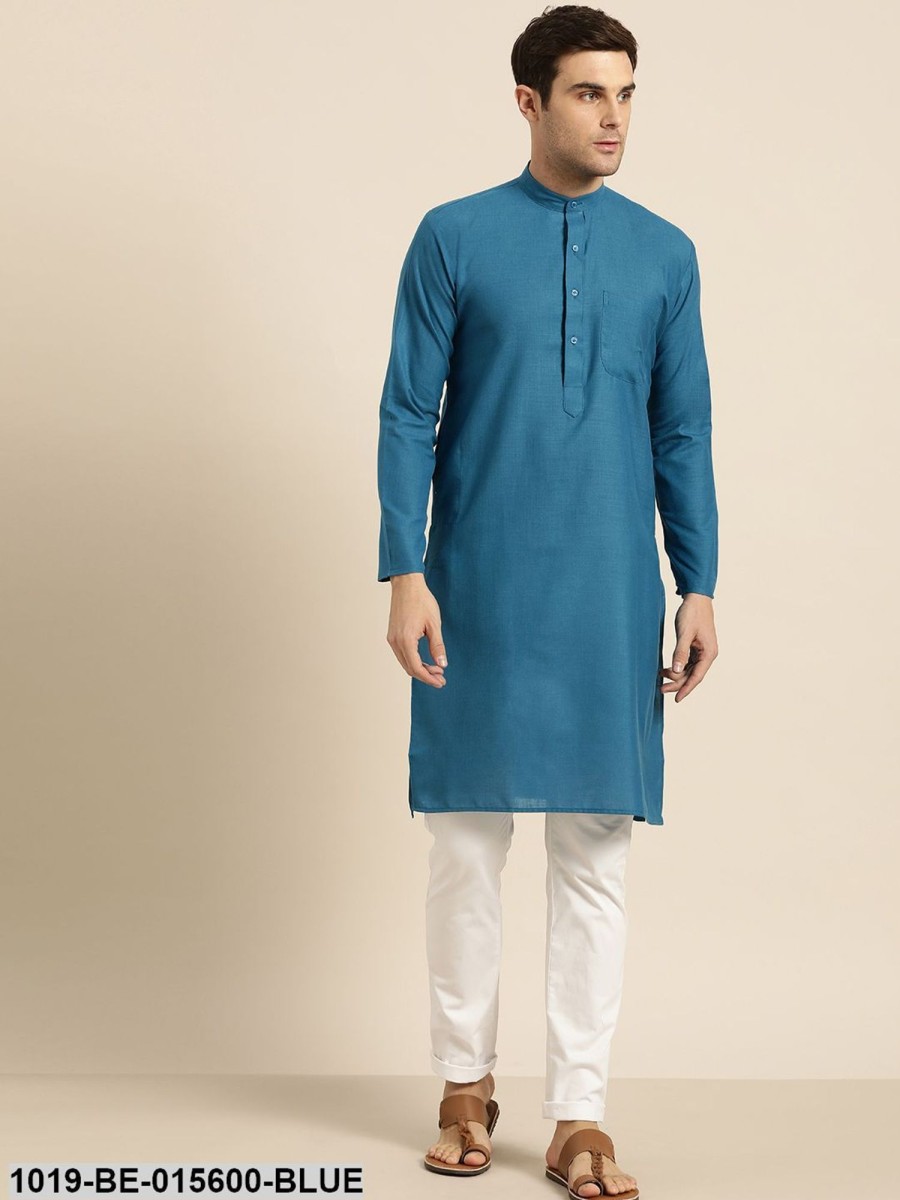 Men Sojanya | Men'S Cotton Peacock Blue Solid Only Kurta - Sojanya