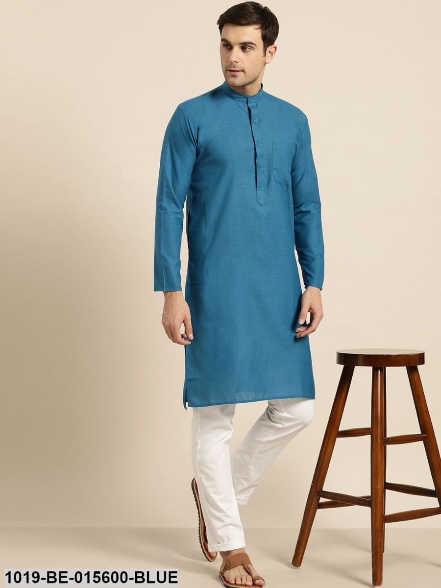 Men Sojanya | Men'S Cotton Peacock Blue Solid Only Kurta - Sojanya